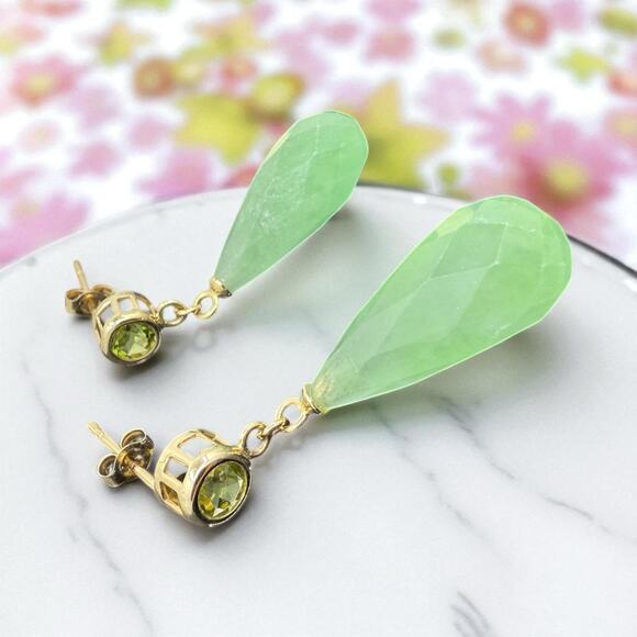 Natural Green Jade and Peridot Dangle Earrings Solid 14k Yellow Gold - NEW - Picture 3 of 6
